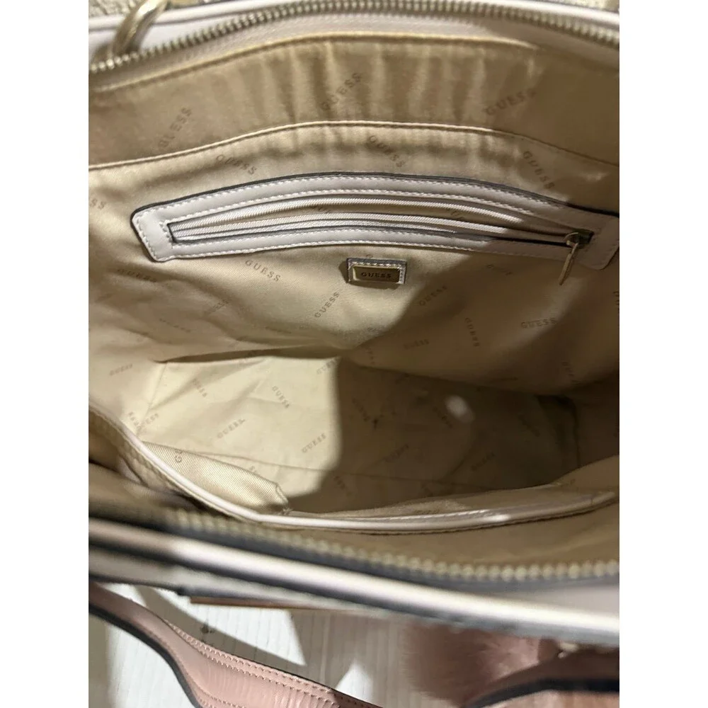 Guess Blush & Cream Colorblock Tote Bag Gold Logo Charm Pom Pom Large